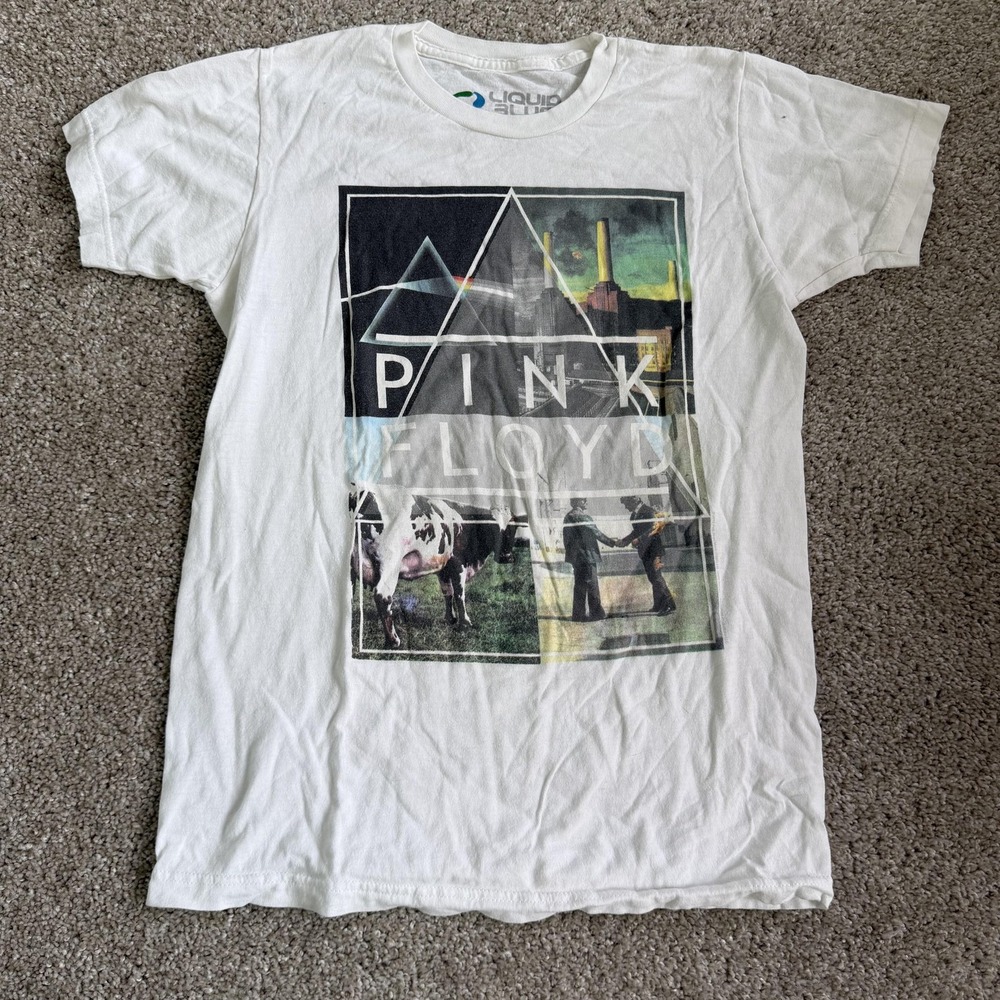 Pink Floyd Shirt Mens Small White Rock Band Graphic Tee T-Shirt Liquid Blue